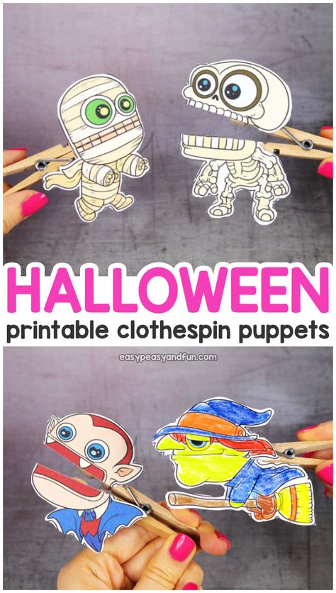 Halloween Clothespin Puppets - Easy Peasy and Fun Halloween Make And Take Crafts, Halloween Crafts School Age, Halloween Class Party Crafts Kindergarten, Halloween Arts And Crafts For Middle School, 10 Minute Halloween Crafts For Kids, Halloween Class Projects, Halloween Crafts Easy For Kids, Halloween Clothespin Puppets, Halloween Paper Puppets