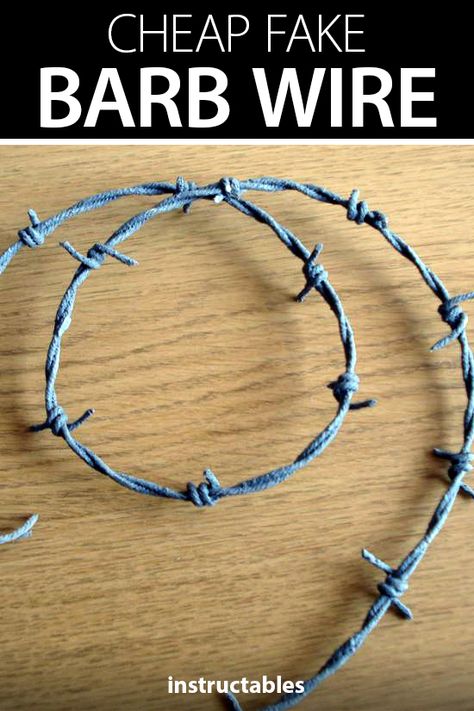 msraynsford used string, glue, and paint to make pretty realistic faux barb wire. #Instructables #halloween #prop #costume #cosplay Diy Tumbleweed Prop, Fake Barbed Wire, Barbed Wire Bat, Fake Bob, Barb Wire Crafts, Barbed Wire Art, Halloween Costume Jewelry, Barbed Wire Fencing, Recycled Garden Art