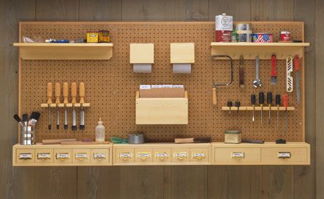 Pegboard Storage System | Woodsmith Plans - Here's a tool rack that takes a different approach to using common pegboard. You can customize it to fit your needs and your tools.  Unlike most pegboard tool storage, this one includes drawer units, shelves, sandpaper storage, and tool racks to maximize the efficient use of wall space in the shop. Peg Board Organization, Lumber Cart, Belt Display Rack, Tool Wall Storage, Diy Pegboard, Plywood Art, Woodsmith Plans, Board Organization, Cabinet Woodworking Plans