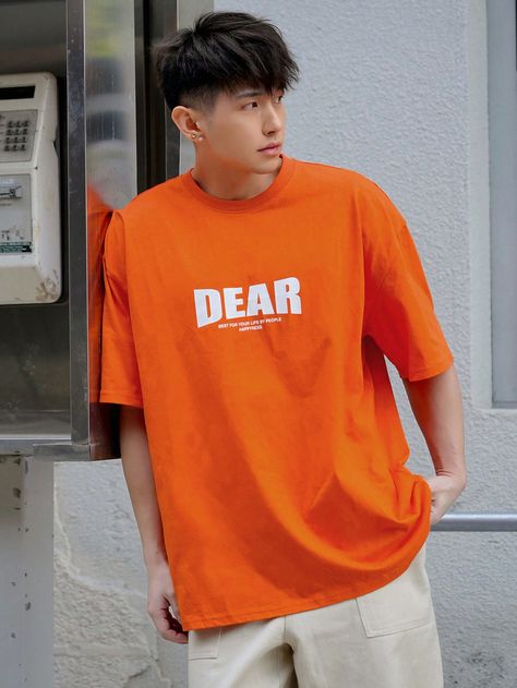 Orange Casual Collar Short Sleeve Cotton Letter  Embellished Non-Stretch  Men Clothing Orange Oversized Shirt, Tshirt Outfit Men, Oversized Tshirt Outfit Men, Oversize Tshirt Outfits, Tshirt Oversized, Trendy Streetwear, Mens Summer T Shirts, Tshirt Outfits, Design Collection