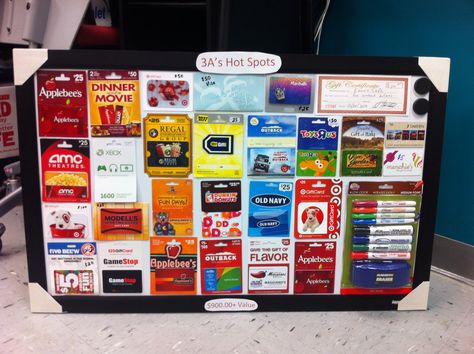 school raffle. gift cards Silent Auction Gift Card Display, Raffle Display Ideas, Gift Card Raffle Display, Gift Card Raffle Basket, Soccer Fundraiser, Silent Auction Gift Basket Ideas, Movie Basket Gift, Gift Card Basket, Raffle Box