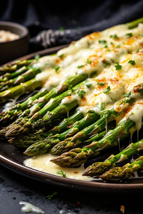 Cheesy Garlic Roasted Asparagus - That Oven Feelin Roasted Asparagus Oven, Garlic Roasted Asparagus, Asparagus Dishes, Garlic And Olive Oil, Fresh Asparagus, Roasted Asparagus, Chili Flakes, Shredded Mozzarella, Cream Sauce