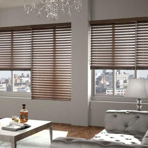 Blinds.com Signature Wood Blinds in Birch instantly warm up all white decor. Cordless Window Shades, Wooden Window Blinds, Diy Bamboo, Cordless Blinds, Patio Blinds, Store Venitien, Modern Blinds, Living Room Blinds, Bedroom Blinds