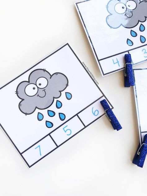 Counting raindrops clip cards free printables for kids number practice Counting Raindrops Preschool, Rain Math Activities For Preschool, Math Activities For Toddlers, Weather Activities Preschool, Counting Clip Cards, Free Math Printables, Counting Activities Preschool, Preschool Counting, Weather Theme