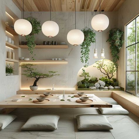 Japanese Dining Room Ideas, Japanese Inspired Dining Room, Asian Inspired Dining Room, Small Living And Dining Room Ideas, Japanese Interior Design Zen, Dining Room Japanese, Asian Decor Ideas, Small Kitchen And Dining Room Ideas, Japanese Cafe Interior