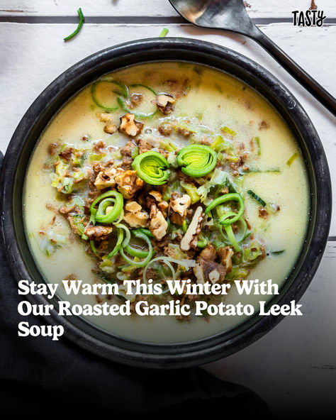 A classic potato leek soup kicked up a few notches with 50 cloves of roasted garlic🍲🧄 This one is for the garlic lovers Potato Leek Soup Recipe, Leeks Soup Recipes, Garlic Chips, Roasted Garlic Cloves, Thyme Chicken, Garlic Roasted Potatoes, Potato Leek, Potato Leek Soup, Garlic Potatoes