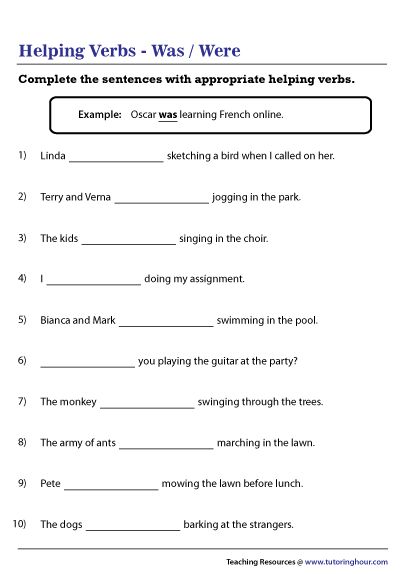 Was and Were Worksheet Helping Verbs Worksheet, Main Verbs, Helping Verbs, Kids Singing, Verb Worksheets, Esl Teaching, Learn French, Printable Worksheets, Playing Guitar