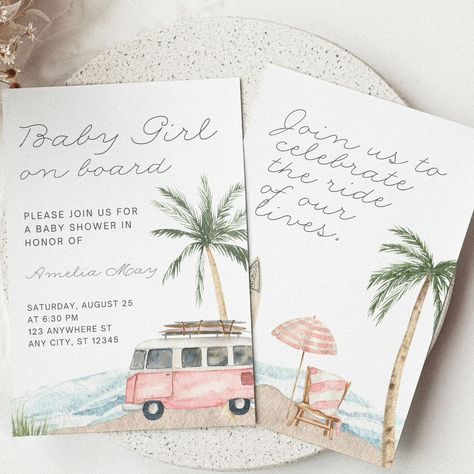 Baby on board! 🌊 🏄‍♂️ Surfs up, a beach baby is on the way! The perfect beach vibes baby shower bundle for the soon to be surf babies 🩵🩷 Both boy & girl designs to choose from! ✌️ #beachbaby #beachbabies #babyshowerideas #babyshowertheme #beachbabyshower Beach Girl Baby Shower Ideas, Baby On Board Baby Shower Ideas Girl, Baby Shower Beach Theme, Beach Baby Shower Theme, Surf Baby, Beach Baby Showers, Baby Printables, Summer Baby Shower, Baby On Board