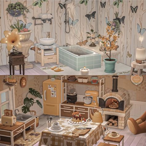 Acnh Nursery Ideas, Acnh Restroom Ideas, Aesthetic Animal Crossing House, Acnh Tearoom, Animal Crossing Home Ideas, Acnh Kitchen Ideas, Animal Crossing Kitchen Ideas, Acnh Kitchen Designs, Animal Crossing House Interior Ideas