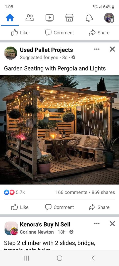 Wood Pallet Outdoor Seating, Backyard Patio Pallet Ideas, Gazebo Ideas Backyard Pallets, Gazebo Seating Area, Pallet Wood Gazebo Ideas, Diy Hangout Spot Outside, Trailer Park Garden Ideas, Backyard Hangout Shed, Diy Pallet Porch Decks