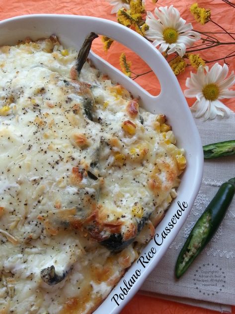 Poblano Rice, Poblano Peppers Recipes, Lenten Recipes, Rice Bake, Lent Recipes, Rice Casserole Recipes, Csa Recipes, Baked Rice, Cooking Dishes