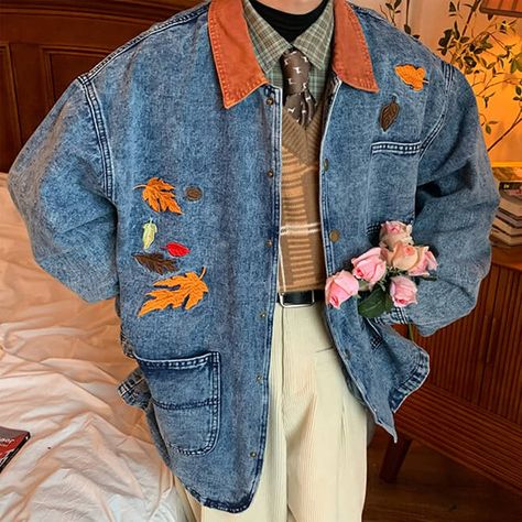 autumn leaves embroidery demin jacket boogzel clothing Jean Jacket Aesthetic, Artsy Aesthetic Clothes, Denim Jacket Art, Autumn Leaves Embroidery, Artsy Clothes, Embroidery Denim Jacket, Artsy Clothing, Leaves Embroidery, Embroidery Denim