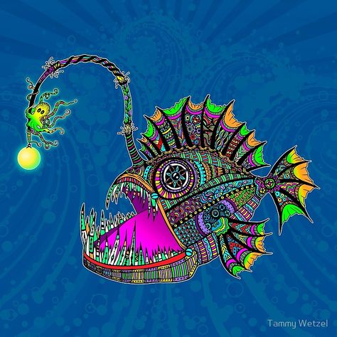 Electric Angler Fish Angler Fish Drawing Easy, Angler Fish Drawing Realistic, Angler Fish Painting, Angler Fish Mermaid, Angler Fish Art, Trippy Fish Tattoo, Fish Mandala, Trippy Fish Drawing, Fish Poster