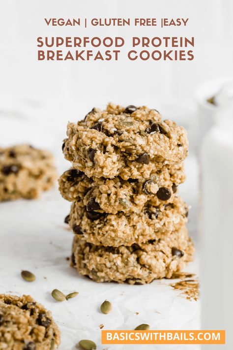 These superfood breakfast cookies are crunchy, nutty, and super yummy! The recipe is gluten-free, easy, and ready in under 20 minutes. They contains pumpkin seeds, shredded coconut, dark chocolate chips, oats, protein powder, and other healthy ingredients. #healthy #oatmeal #glutenfree #easyrecipes #easycookies #breakfastcookies #proteincookies Healthy Breakfast Cookies Protein, Superfood Cookies, Gluten Free Protein Cookies, Protein Breakfast Cookies, Breakfast Cookies Gluten Free, Oats Protein, Superfood Breakfast, Oatmeal Breakfast Cookies, Breakfast Cookie Recipe