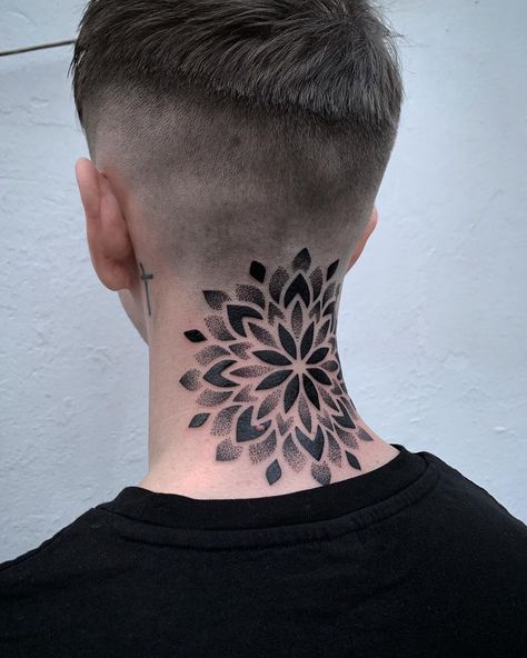 #Tattoos,Geometric shapes Stippling Shading Tattoo, Back Of The Neck Tattoos Men, Hellbound Tattoo, Neck Tattoo Geometric, Mandala Neck Tattoo Men, Neck Mandala Tattoo, Back Neck Tattoo For Guys, Mandala Puntillismo Tattoo, Back Neck Tattoo Men