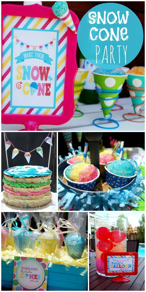 This fun Snow Cone birthday party features a sprinkle layer cake, water balloon game and lots of treats!  See more party ideas at CatchMyParty.com! Snow Cones Ideas, Snow Cone Ideas, Snow Cone Birthday Party, Snow Cone Party Ideas, Snow Cone Decorations, Snow Cone Machine Parties, Snow Cone Party, Snow Cone Cupcakes, Pool Party Games