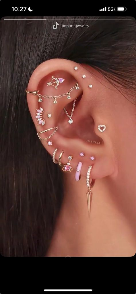 Whole Ear Pierced, Fully Pierced Ears Aesthetic, Cute Ear Piercings Impuria Ear Piercing Jewelry, Ear Design Piercing, Fairy Ear Piercing Ideas, Whole Ear Pierced Aesthetic, Ear Scape Ideas Silver, Ear Piercing Ideas Chart, Ear Curation Ideas