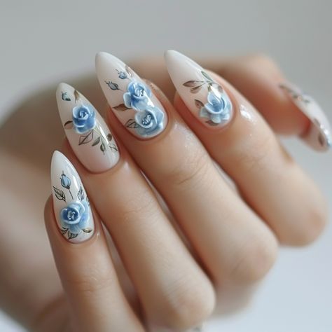 Blue Bride Nails Wedding, Blue Rose Nails Design, Blue Roses Nails, Something Blue Bridal Nails, Brigerton Inspired Nails, Fine China Nails Design, Dusty Blue Almond Nails, White And Blue Floral Nails, Nails With Painted Flowers