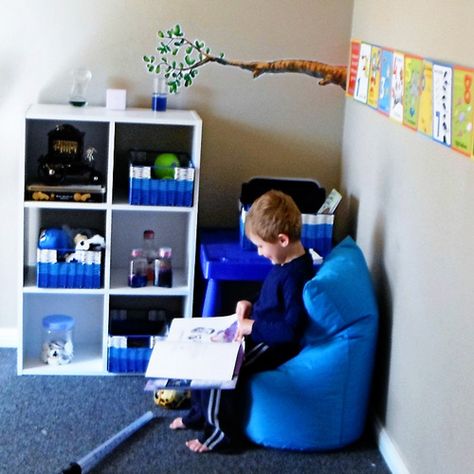 A peek inside a reader's play space... Instead of using a traditional time out that isolates the child I have made a calming "Chill Out" space in our house where my son can go to recentre, reconnec... Chill Out Corner, Calming Corner, Calm Down Corner, Sensory Room, Classroom Behavior, Self Regulation, Classroom Environment, Positive Discipline, Behavior Management