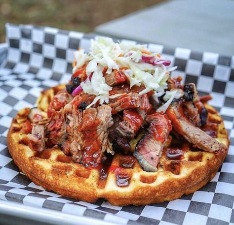 Smoker Food Truck, Waffle Food Truck Ideas, Brisket Brunch Ideas, Food Truck Food Ideas Most Popular, Brunch Food Truck, Unique Food Truck Menu Ideas, Food Truck Menu Ideas, Cornbread Waffle, Waffle Burger