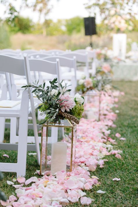 Spring Wedding | Lantern Lined Isles | Outdoor Wedding | Northern California Wedding | Pink Flower Petals Rose Petal Lined Wedding Aisle, Petal Pink Wedding Theme, Flower Petal Lined Wedding Aisle, Pink Wedding Aisle Decorations, Pink Wedding Aisle Flowers, Pink Outdoor Wedding Decor, Outside Wedding Ideas Spring, Outdoor Isle Wedding Decorations, Spring Wedding Isles Decoration