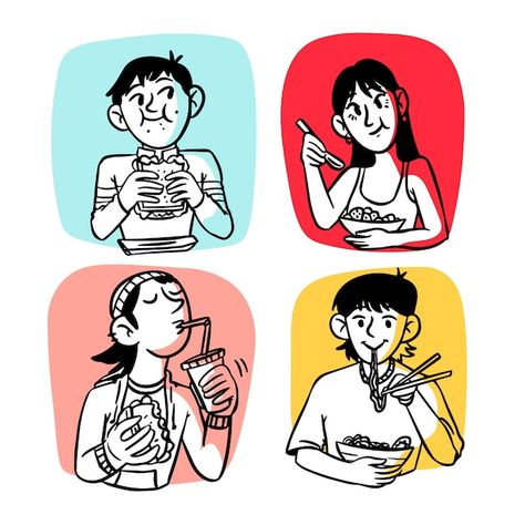 Character Eating Illustration, Retro People Illustration, Cute Human Illustration, Eating Character Design, Simple Human Illustration, Eating Together Illustration, Person Eating Drawing Reference, People Eating Drawing, Eating Illustration Character