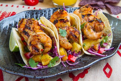 Jerk Shrimp Tacos with Pineapple Salsa, Slaw and Pina Colada Crema on Closet Cooking Jerk Shrimp Tacos, Shrimp Tacos With Pineapple Salsa, Tacos With Pineapple Salsa, Cilantro Lime Shrimp Tacos, Tequila Lime Shrimp, Tacos With Pineapple, Grilled Pineapple Salsa, Jerk Shrimp, Crema Recipe