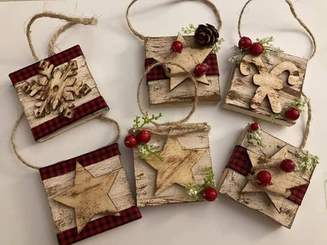 Jenga Ornaments, Jenga Crafts, Block Ornaments, Christmas Bazaar, Chalk Crafts, January Crafts, Dollar Store Christmas Crafts, Jenga Blocks, Farmhouse Christmas Ornaments