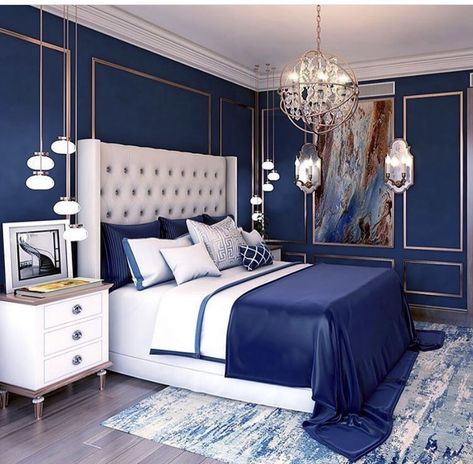 Green Bedroom Colors, Royal Blue Bedrooms, Blue And White Bedroom, Blue Bedroom Walls, Blue Bedroom Design, Bedroom Color Combination, Blue Bedroom Decor, Luxury Bedroom Design, Bedrooms Decor