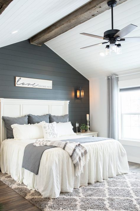 Grey Shiplap Wall Bedroom, Gray Shiplap Wall Bedroom, Headboard On Shiplap Wall, White And Gray Master Bed, Shipman Bedroom Wall, Bedroom Master Accent Wall, Shiplap Bedroom Accent Wall Master Bathrooms, Farmhouse Bedroom With Shiplap Accent Wall, A Frame Accent Wall