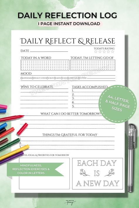 Daily Reflection Log Reflect and Release Journal Page Day Review Journal, Daily Reflection Journal, Reflective Journaling, Doodle A, Daily Review, Reflection Journal, Map Worksheets, Set Intentions, Bullet Journal Paper