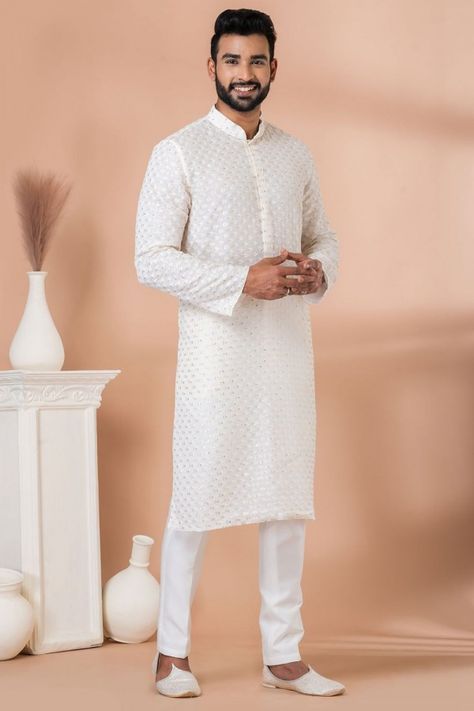 White Georgette Sequins Embroidered Kurta Set Simple Kurta For Men, White Kurta Men, Kurta Pyjama For Men, Kurta Men, Kurta Pyjama, Indian Men Fashion, White Kurta, Indian Man, Eid Collection