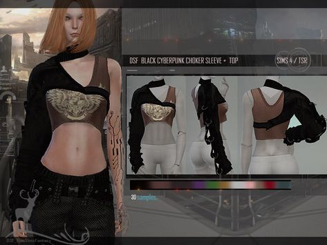 design: half-shoulder jacket, with metal hoops embedded to a strap along the right arm. Found in TSR Category 'Sims 4 Female Everyday' Ts4 Cc Cyberpunk, Sims 4 Cyberpunk Clothes, Cyberpunk Choker, Dansimsfantasy Cc, Sims 4 Cyberpunk, Black Cyberpunk, Apocalypse Clothing, Sims Outfits, Zombie Clothes