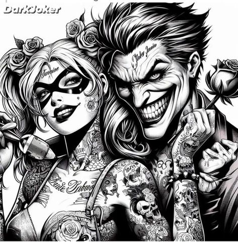 Comic Book Joker Tattoo, Joker And Harley Quinn Drawing, Joker And Harley Quinn Tattoo, Harley Quotes, Sublimation Wallpaper, Joker And Harley Tattoo, Leg Tattoo Designs, Tumblers Ideas, Harley Tattoos