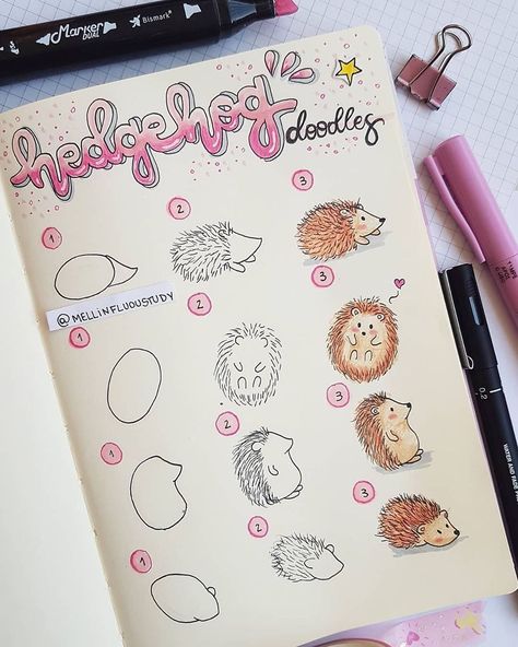 NotebookTherapy.com | bujo 💕 on Instagram: “How to draw a little hedgehog 🦔💞 thank you @mellinfluoustudy for this amazingly cute step by step! ✨ #notebooktherapy ⁣ Shop amazing East-…” Hedgehog Doodle, Trin For Trin Tegning, Doodle Art For Beginners, Arte Doodle, Couple Drawing, Cute Easy Doodles, Doodle Art Journals, Bullet Journal Aesthetic, Drawing Faces