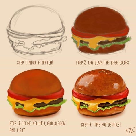 Art With Flo, Burger Illustration, Best Logo Fonts, Food Art Painting, Illustration Process, Digital Painting Techniques, Food Sketch, Kids Painting, Food Illustration Art