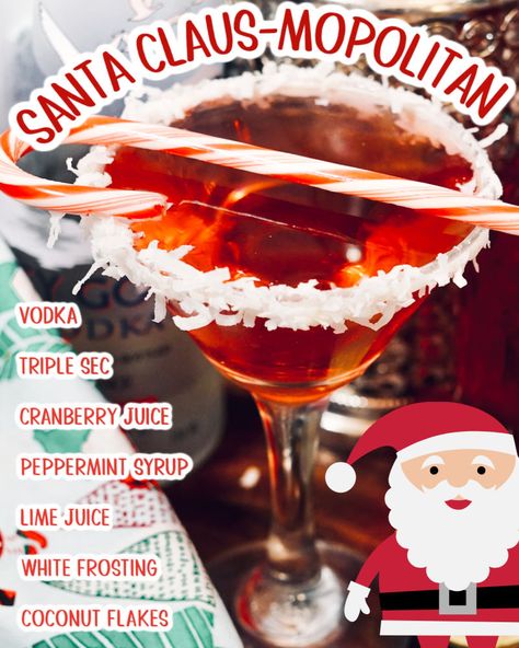 Serve up a tall glass of holiday cheer with the “Santa Clausmopolitan” Christmas Cocktail! This is the perfect fruity festive drink to unwind with after dealing with all the holiday hustle and bustle. It’s also the perfect festive cocktail for any Christmas party or celebration. Using a few basic cocktail making ingredients, you can whip this up in no time for a delightfully tart cocktail recipe with fun holiday vibes. Santa Clausmopolitan Recipe, Santa Clausmopolitan, Holiday Martinis, Basic Cocktails, Peppermint Syrup, Cranberry Juice Cocktail, Best Christmas Recipes, Christmas Cocktail, Festive Cocktails