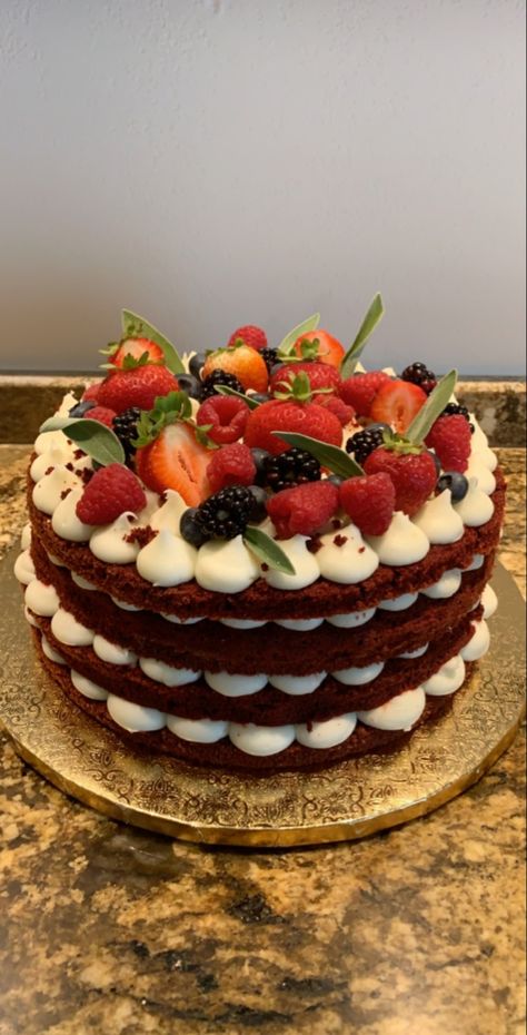 Red Velvet Fruit Cake, Fruit Filled Birthday Cake, Easy Cake Decorating With Fruit, Naked Cakes With Fruit, Fruit Covered Cake, Fruit Layered Cake, Red Velvet Cake With Strawberries, Red Velvet Cake With Fruit, Cakes With Fruit Decoration