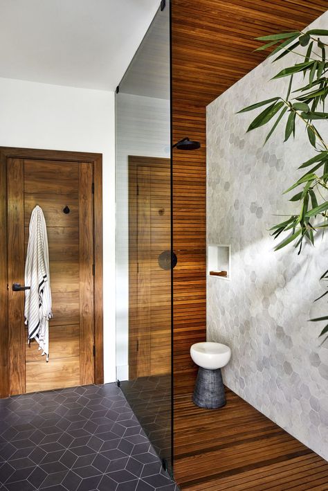 Wood Tile Shower, Bathroom Spotlights, Wood Like Tile, Tile Accent Wall, Teak Bathroom, Teak Flooring, Wood Look Tile, Bath Ideas, Wood Bathroom