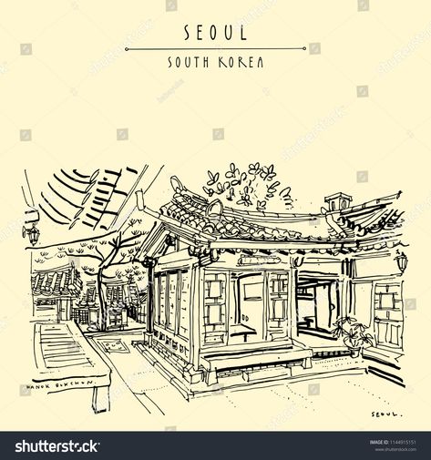 Seoul, South Korea, Asia. Traditional Korean Hanok houses. Hanok Bukchon. Hand drawing in retro style. Travel sketch. Vintage touristic postcard, poster or book illustration in vectorhouses#Hanok#Bukchon#drawing Coloring Pages Japanese, House On River, Hanok House, Postcard Poster, Gyeongju, House Illustration, Travel Sketches, Traditional Korean, House Drawing