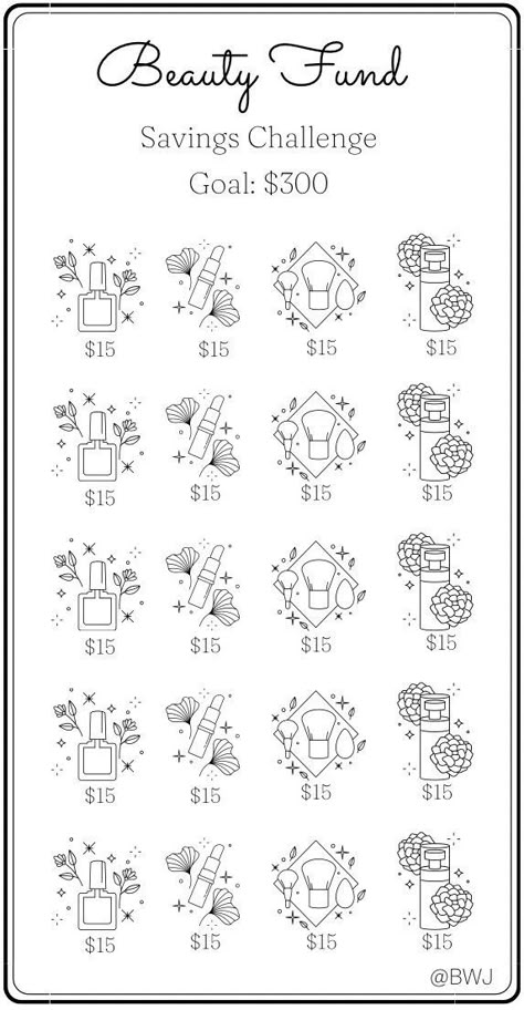 Beauty Fund Savings Challenge. Save $300 for your beauty needs. Save the dollar amount that represents each icon.  Color in the savings tracker to see your progress as you cash stuff your envelope.  Printing Information: *Digital Download  *This is printed on 8.5 x 11 US letter size paper  *Once printed, cut and place inside your A6 envelope *Color will vary depending on ink and printer Disclaimer: This is a PDF Digital Download. No physical product will be mailed to you. Digital Download will be available once payment has been confirmed and purchase has been completed. This printable is for personal use only, not to be copied or resold. There are no refunds, cancellations or exchanges due to the nature of the product. If you have any questions or concerns, please do not hesitate to reach 300 Dollars, Saving Money Chart, Money Chart, Budget Challenge, Money Saving Methods, Money Saving Techniques, Savings Challenges, Saving Money Budget, Money Saving Plan