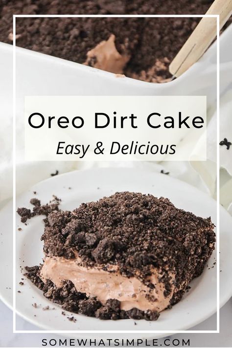 White plate with a piece of chocolate pudding cake, covered in crushed Oreo's. Chocolate Oreo Dirt Cake, Dirt Pudding Chocolate, Dirt Cake In A Cup, Chocolate Dirt Pudding Recipe, Spring Dirt Cake, Chocolate Dirt Cake Recipe, Oreo Dirt Recipe, Oreo Dirt Desert, Dirt Pudding Recipe Easy No Cream Cheese