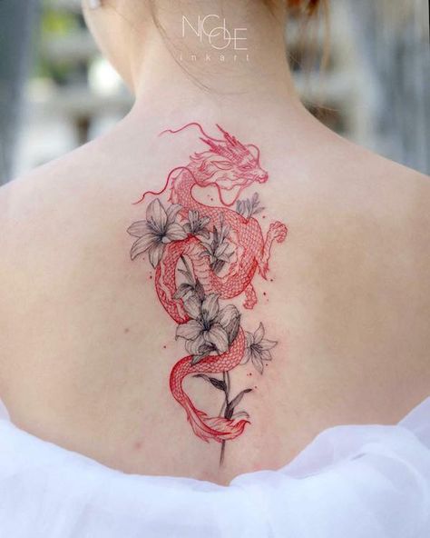 A red dragon entwined with lily flower Dragon With Sunflowers Tattoo, Red Dragon With Flowers Tattoo, Dragon Tattoo With Red Flowers, Tattoo Dragon With Flowers, Dragon And Sunflower Tattoo, Red Line Dragon Tattoo, Red Dragon Black Flowers Tattoo, Chinese Dragon Tattoos With Flowers, Dragon Tattoo Red And Black