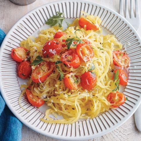 Spaghetti squash with cherry tomatoes, parsley & Parmesan | Recipes | WW USA Spaghetti Squash With Cherry Tomatoes, Spaghetti Squash Cherry Tomato Recipes, Garden Vegetable Soup, Pasta With Meat Sauce, Cherry Tomato Recipes, Baked Spaghetti Squash, How To Make Spaghetti, Cheese Spaghetti, Parmesan Recipes