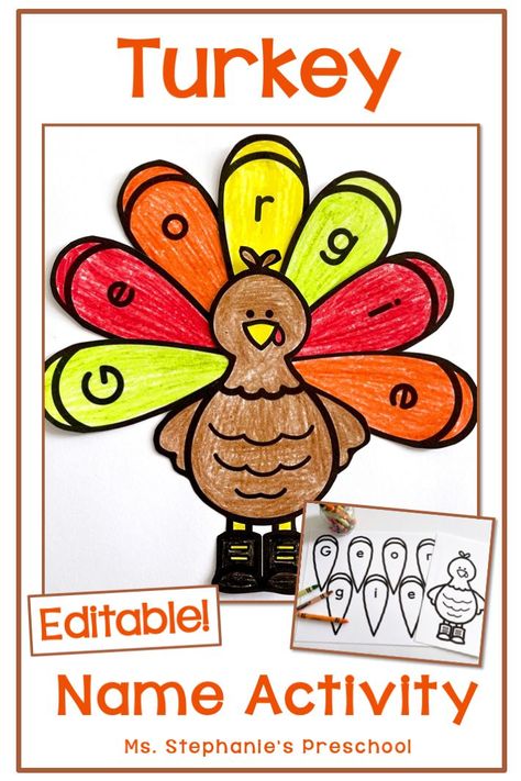 Turkey Name Craft Activity to make this Thanksgiving Turkey Name Activity Preschool, Shape Turkey Crafts Preschool, Name Turkey Craft, Turkey Name Activity, Thanksgiving Theme Preschool Crafts, Turkey Names For Preschool, Thanksgiving Crafts Classroom, Thanksgiving Ideas For Preschool, Name Turkey Preschool