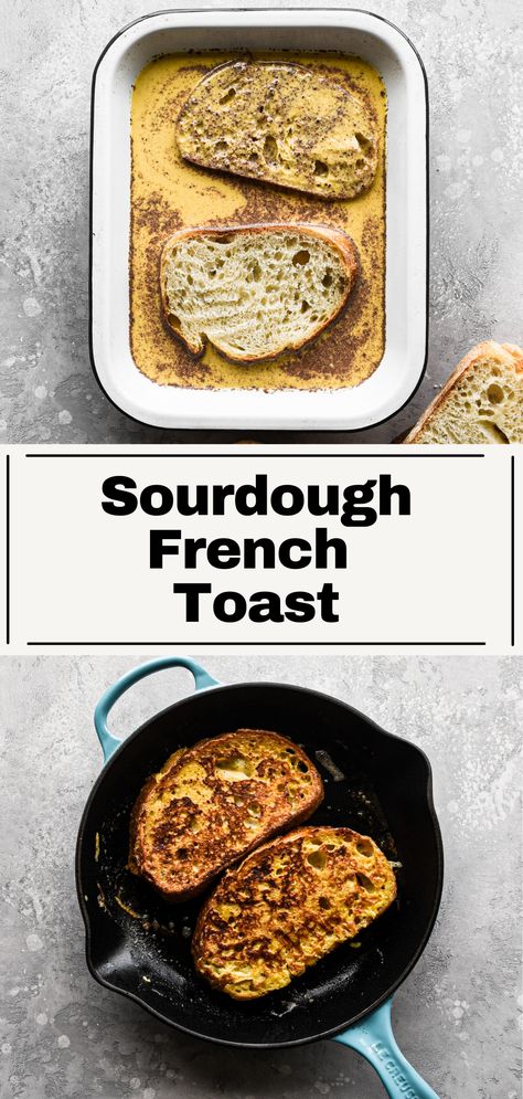 This Sourdough French Toast recipe is a delicious breakfast or brunch, with a hint of cinnamon and vanilla and cooked to golden perfection. Plus, it's a great way to use up leftover stale sourdough bread! Sour Dough Bread French Toast Recipe, Sourdough Bread Serving Ideas, How To Use Up Sourdough Bread, Sour Dough French Toast Recipe, Leftover Sourdough Bread Ideas, French Toast Sourdough, French Toast Recipe With Sourdough Bread, Sourdough Leftover Recipes, Sourdough Bread Leftover Recipes