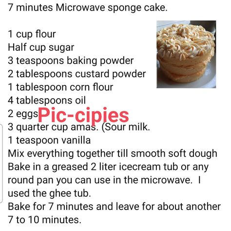 Pic-cipies! Recipes in picture form! :) | 7 minute microwave sponge cake Microwave Sponge Cake, Microwave Sponge, Egg Pictures, Custard Powder, Sponge Cake, Ghee, Custard, Baking Powder, Dough