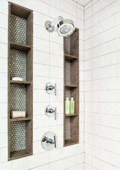 Tall shower niches. Blue brown and subway tile. by hilary  Tall shower niches. Farmhouse Shower, Luxury Tile, Bad Inspiration, Shower Niche, Shower Tile Designs, Bathroom Remodel Shower, Shower Remodel, Tile Shower, Shower Stall