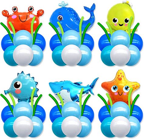 Aqua Theme Decoration Ideas, Sea Themed Centerpieces, Sea Themed Birthday Party, Sea Baby Shower Theme, Ocean Baby Shower Theme, Balloons Blue, Octonauts Party, Animal Balloons, Baby Bash