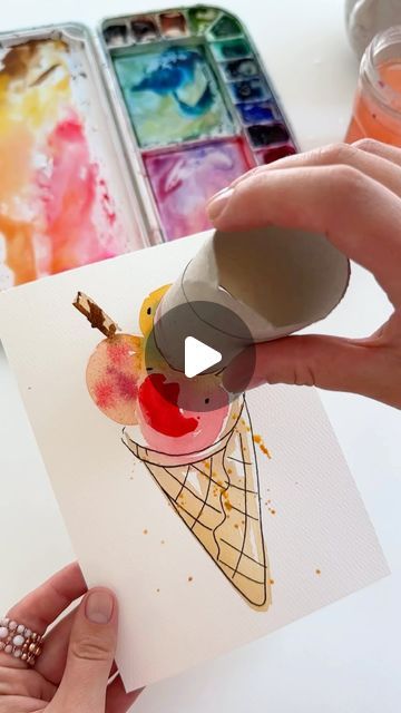 Watercolor Art Ice Cream, Ice Cream Watercolor Painting, Watercolor For Kids Easy, Summer Watercolor Paintings Easy, Watercolor Ideas For Kids, Kids Watercolor Painting Ideas, Cute Watercolor Paintings Easy, Watercolor Easy Painting, Water Colour Painting Ideas Inspiration